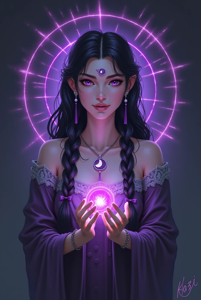 fortune teller、Holding tarot cards open、She has a hood on and her hair is long and reaches down to her shoulders.、The composition is from the front, from the chest up、The expression is bright、Pink、Surrounding it are crystals and tarot cards.、There are divination tools