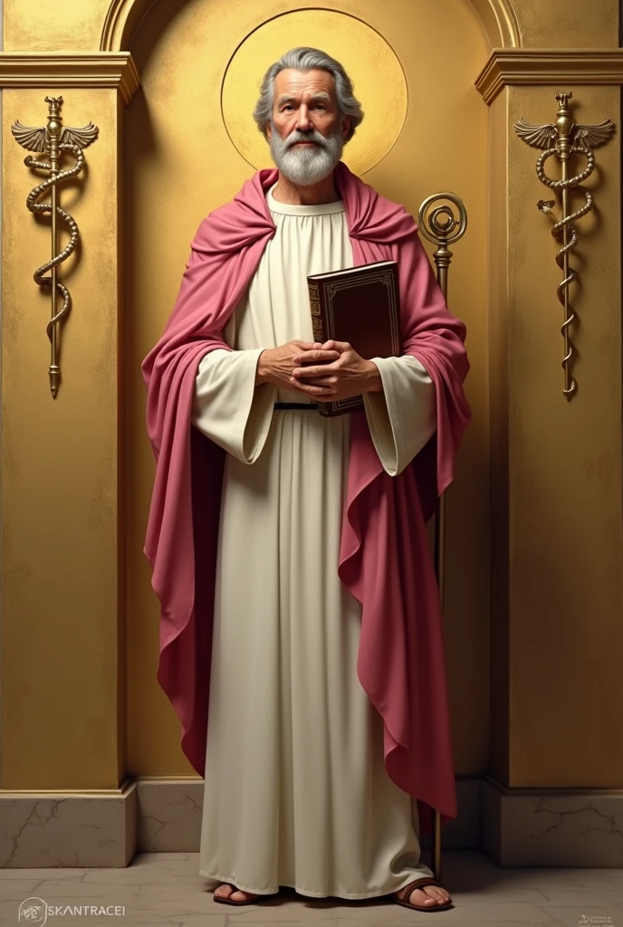 apostle saint matthew, a little older, patron of accounting, standing, with a white tunic and a pinkish red cloak, holding his gospel with his left hand, holding his staff in his right hand, and in the background a golden wall with a symbol "caduceus painted on the side"