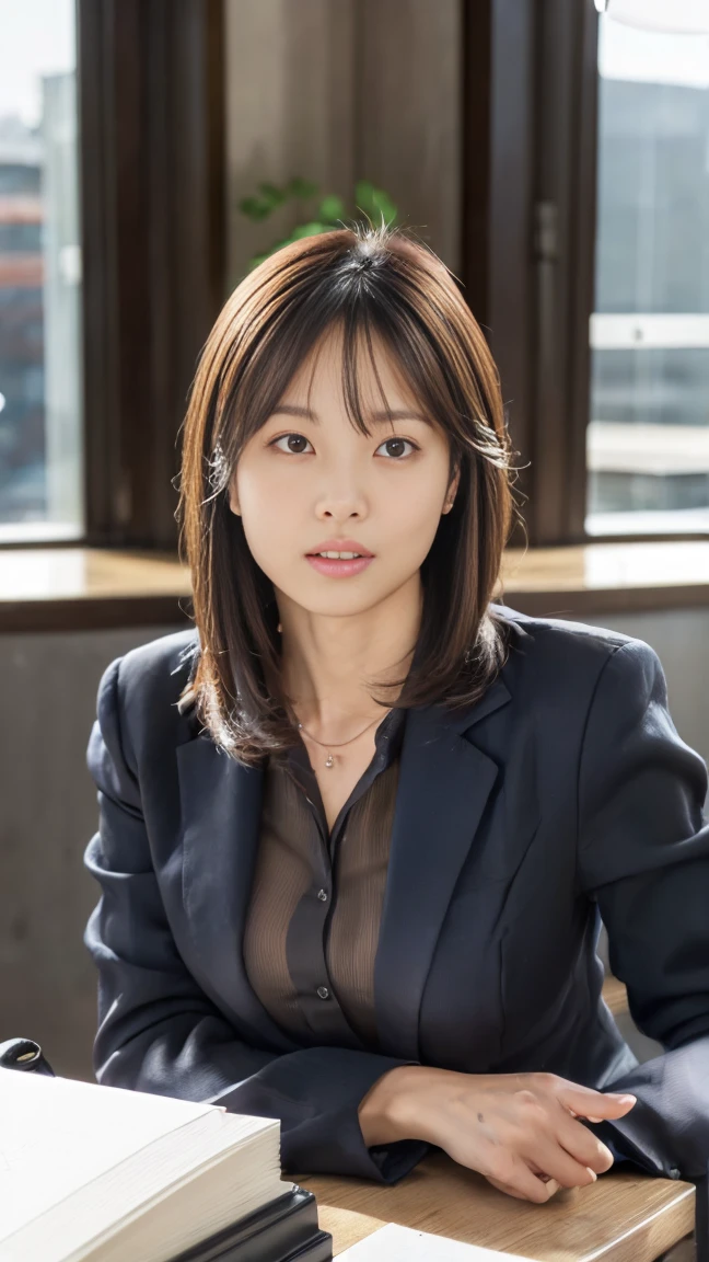 (top-quality, 16K, ​masterpiece:1.3), (ultra detailed), (masterpiece), (best quality), Highest quality, Realistic, Surreal, Highest quality, Extremely detailed CG, Very delicate, 16K wallpaper, High resolution, A woman in a management position at a prestigious company,  38歳, beautiful woman, ((Silky hair:1.2)), (beautiful short hair:1.2), BREAK ((upper body:1.5)), ((look into the viewer's eyes:1.5)), ((looking at viewer:1.5)), ((Front view:1.5)), ((from front:1.5)), BREAK ((thin lips:1.5)), ((orgasm:1.5)), ((ecstasy:1.5)), ((mole under eye:1.2)), ((UNTITLED business suit:1.2)), ((Very simple necklace)), With a large window Japanese office, ((Working at desk:1.5)), Japanese, slender body, very detailed, detailed fingers, detailed hands, detailed eyes, detailed legs, accurate and perfect human anatomy, real human skin,