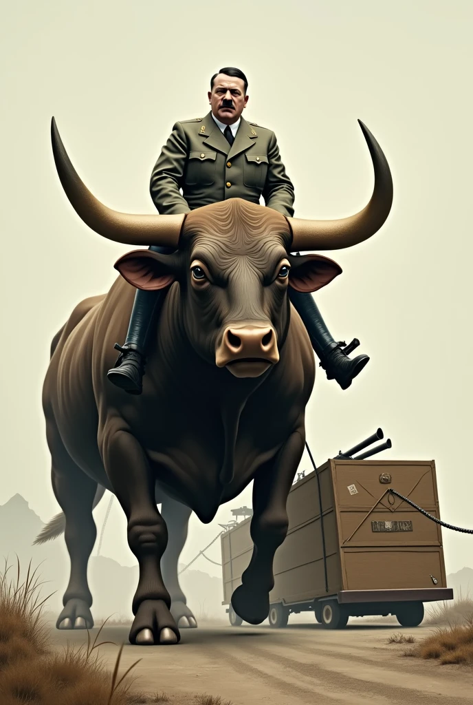 A bull towing some boxes of weapons and Hitler riding the bull
