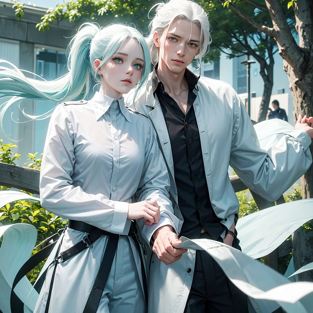 Long white hair tied in a low ponytail, eyes with heterochromia, the left one is aqua blue and the right one is leaf green, a white shirt with buttons and long sleeves, white pants, with a black collar around his neck that has the number 12194 marked on it, man with 8 years