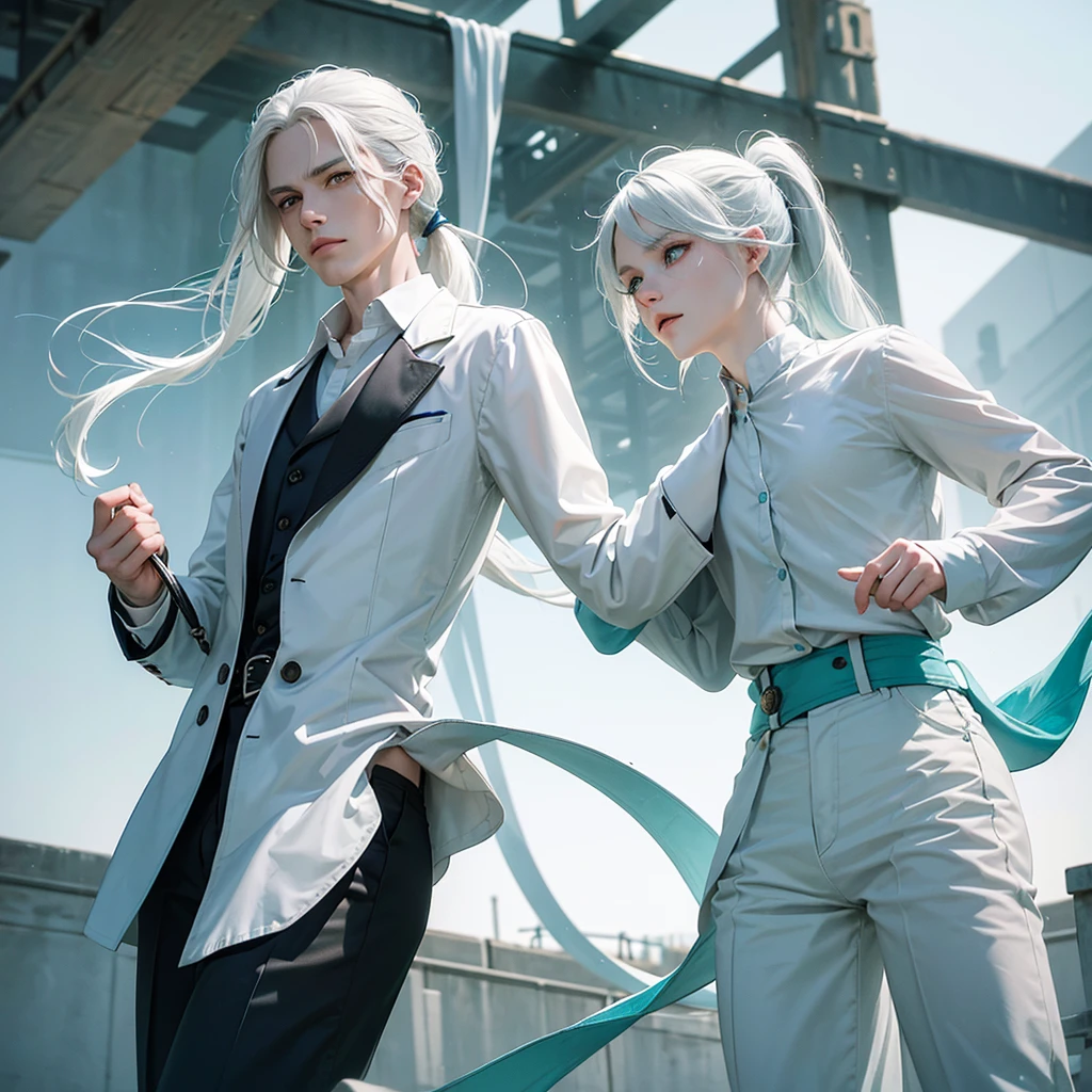 Long white hair tied in a low ponytail, eyes with heterochromia, the left one is aqua blue and the right one is leaf green, a white shirt with buttons and long sleeves, white pants, with a black collar around his neck that has the number 12194 marked on it, man with 8 years