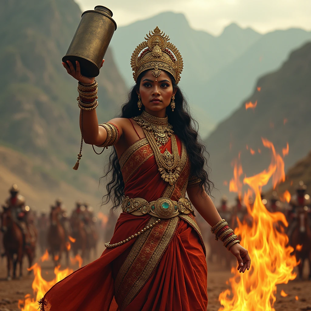A South Indian queen, who is Hindu, is holding a oil can , with mountains and battlefields in the background , queen make s suicide bomber, she the queen sprinkled oil on herself , she sprinkled oil himself 
