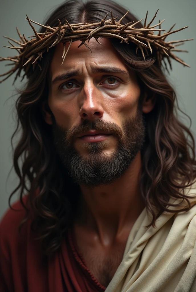 Jesus Christ with the crown of thorns looking at the camera