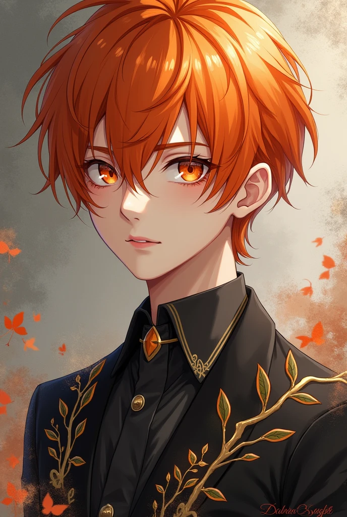 Unique elegant handsome anime boy with orange eyes and matching hair