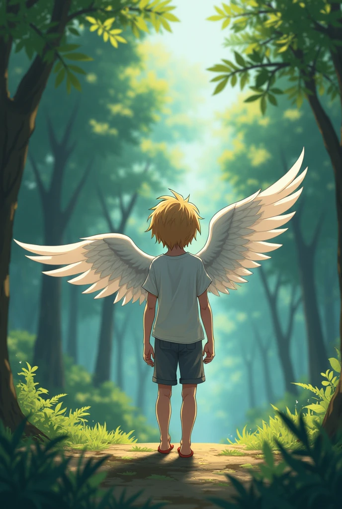 An angel boy turns his back to the camera,Background with forest, anime style