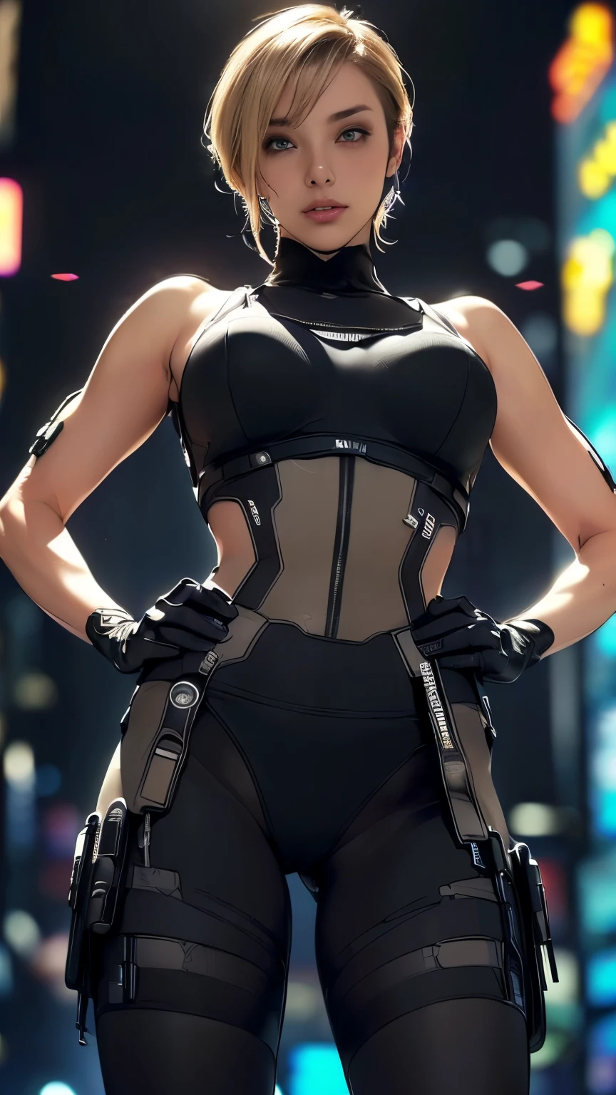 (A woman),(((Future female police officer standing))),((Black Tactical Tights:1.5)),((Camel toe:1.5)),((earphone:1.5)),((Tactical Holster:1.5)),(Gloves:1.5),(((Hands on hips:1.5))),(front:1.5),(From below:1.2),(Super short hair:1.5),(Blonde:1.5),(beautiful eyes:1.3),(Very detailedな顔:1.5),((Very detailedな女性の手の描画:1.5)),((muscular:1.5)),(Sexy look:1.5),((Thick thighs:1.5)),(Beautiful Body:1.5),((Very sensual:1.5)),(The backdrop is a futuristic city:1.5),(Cyberpunk atmosphere:1.5),(((Blurred background:1.5))),(Written border depth:1.5),rest(((masterpiece:1.5),(best quality:1.5),(Very detailed:1.5),(high resolution:1.5),(Practical:1.5),(Practical:1.5),(Delicate depiction),(carefully drawn))),8K,wallpaper