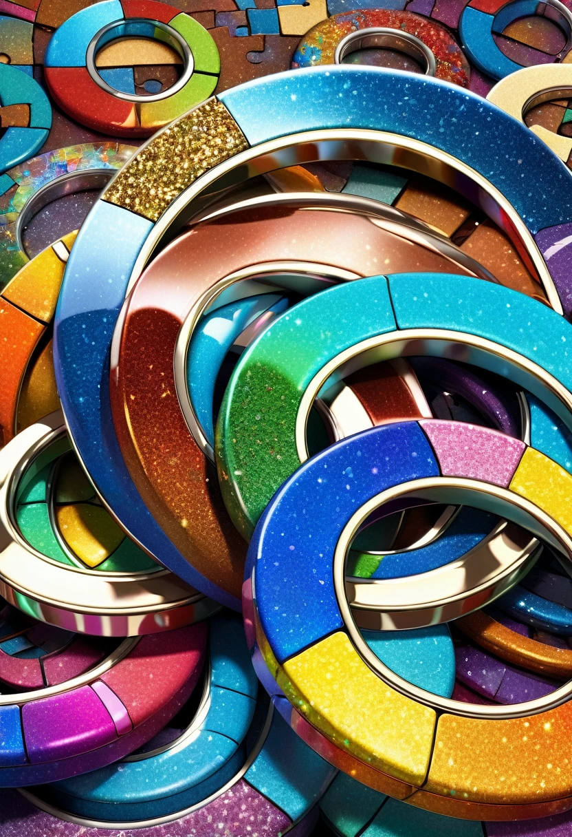 conceptual installation art, chrome-plated puzzle rings, colorful mosaic patterns of many colors, rusty puzzle rings, (ultra detailed, absolutely resolution, best quality:1.3), 2.5D, delicate and dynamic effects, glitter effects, artistic, artistic photography, hyper realistic, CG digital art