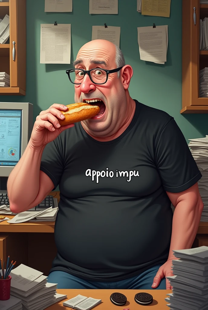 white male, aged 50, baldie, cheeky, Scrawny, but very pot-bellied, wrinkled face, wearing glasses, eating baguette with ham, leaning against a cluttered computer desk, stacks of papers, Oreo crumbs and cookies. Wearing a black shirt with the phrase APPOIO MPU
