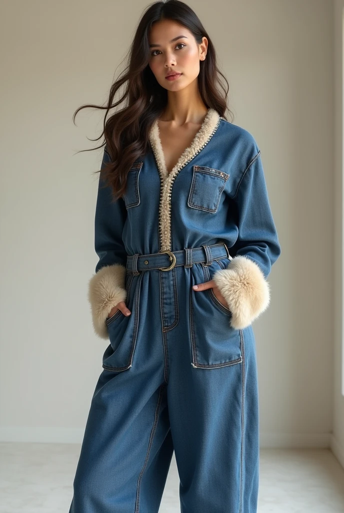 European woman model wearing long denim jumpsuit with sheepskin details. Show all noodles. 