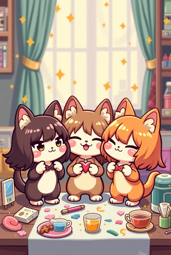 Create a pixel art style image of where there are 3 different girly cats pixel art style standing next to each other, one has shoulder height brown curly hair with curly curls, the second one has long straight lighter brown coloured hair, with some side bangs, and the third one has shoulder high orange-brownish straight hair. they're smiling and blushing, with some golden sparkles around them, their hands doing peace signs and hearts, while they are hugging. They look like they're having fun
 They are all the same height, around them the are painting materials, crafting materials, tea, clothes, they are having a girl's day. Do not make it anime style, make it pixel art
