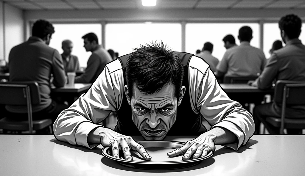 Create a dramatic distorted illustrative image of someone exhausted in close-up in their work environment, who can no longer stand working in his underemployment as a cafeteria attendant. Seated customers catching your attention, the tray fell on the floor, the whole scene in black and white, only the main character in color. a small radial blur in the image highlighting the character.