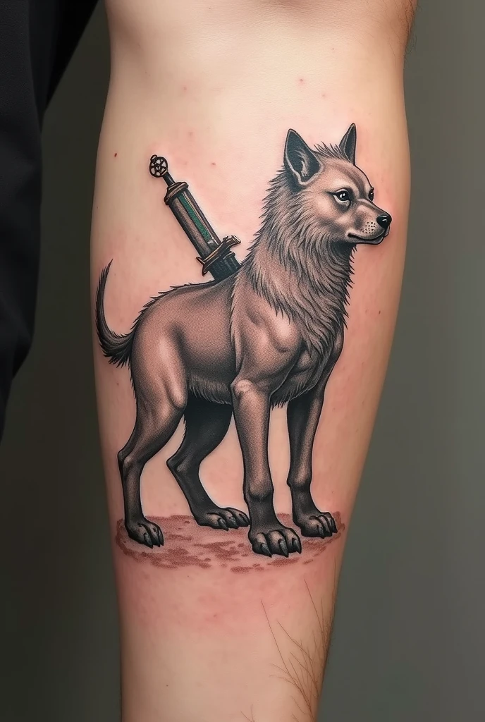 Guardian Animal Tattoo,ready to defend,offwhite,tatoo,humanoid body,head proportional to the body,Short snout,short and discreet weapon on the back,small mane, warrior, without syrup,Face with human features