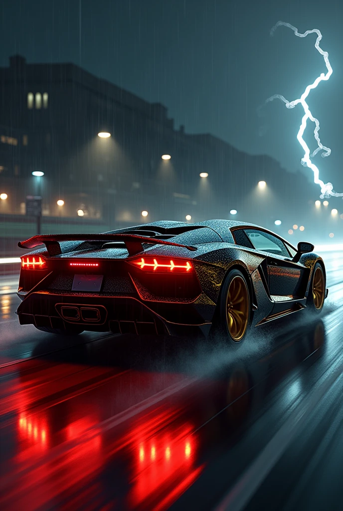 A High Speed Vehicle on a Rainy Night with Lightning, illuminating its black color with its most magnificent golden finish, and its taillight with a mocking look.