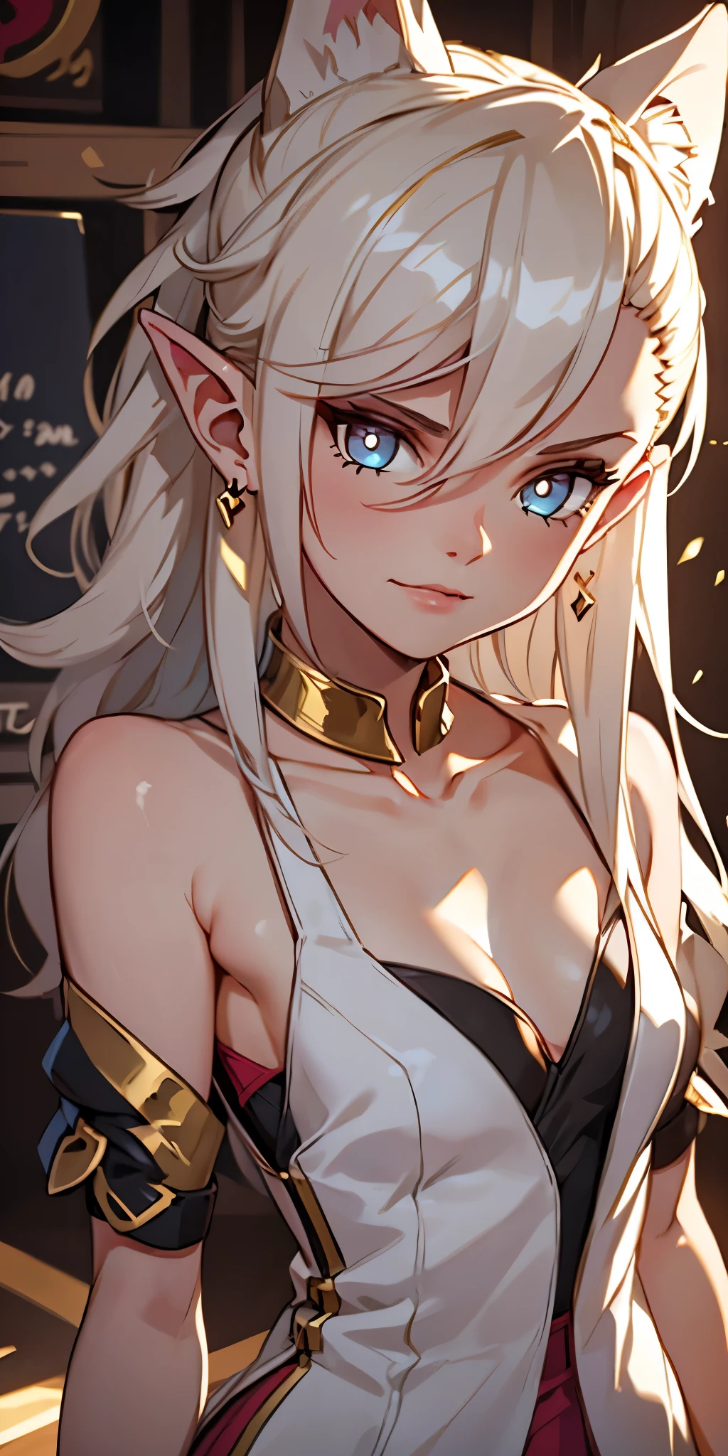 Beautiful girl, (Platinum hair), ((very long curly hair)), face perfect, innocent smirk, trunk,(cerulean eyes), (yan), (mic), (slim), ((flat-chested)), ((2)), skin denture, extreme detail, charming oval face, Red lips, Pink, shining skin, detailed hair, Facial Focus, Close-up chest, gold decorative necklace, gold earrings, ((1 girl)), Embarrassed expression, elf ears