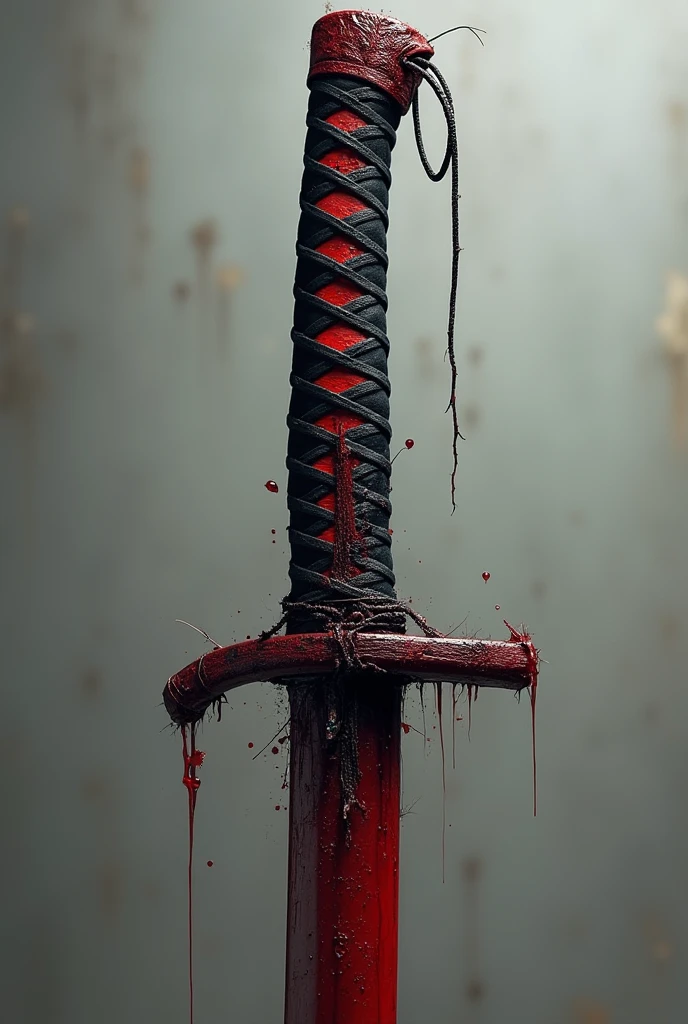A katana with a black handle and blood red details, very simple with some wires and some trinkets on the handle, with what looks like blood spatter on the grip, its handle is all worked in wine red and black, a great mix to look like blood and shades of red