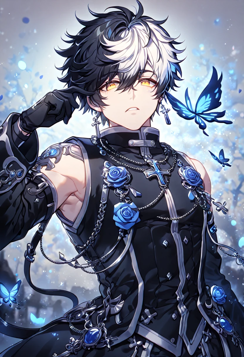 absurdres, highres, ultra detailed, HDR, master piece, best quality, extremely detailed, detailed face, detailed eyes, Raven, spiky hair, bicolor hair, right side black hair, left side white hair, expressive yellow eyes, Elsword, solo, sexy man, handsome, manly man, black coat, sleeveless, detached sleeves, cross necklace, black gloves, magical, fantasy, under a blue tree, blue flames, blue moon, blue fireflies, blue roses, blue butterflies, glass magic