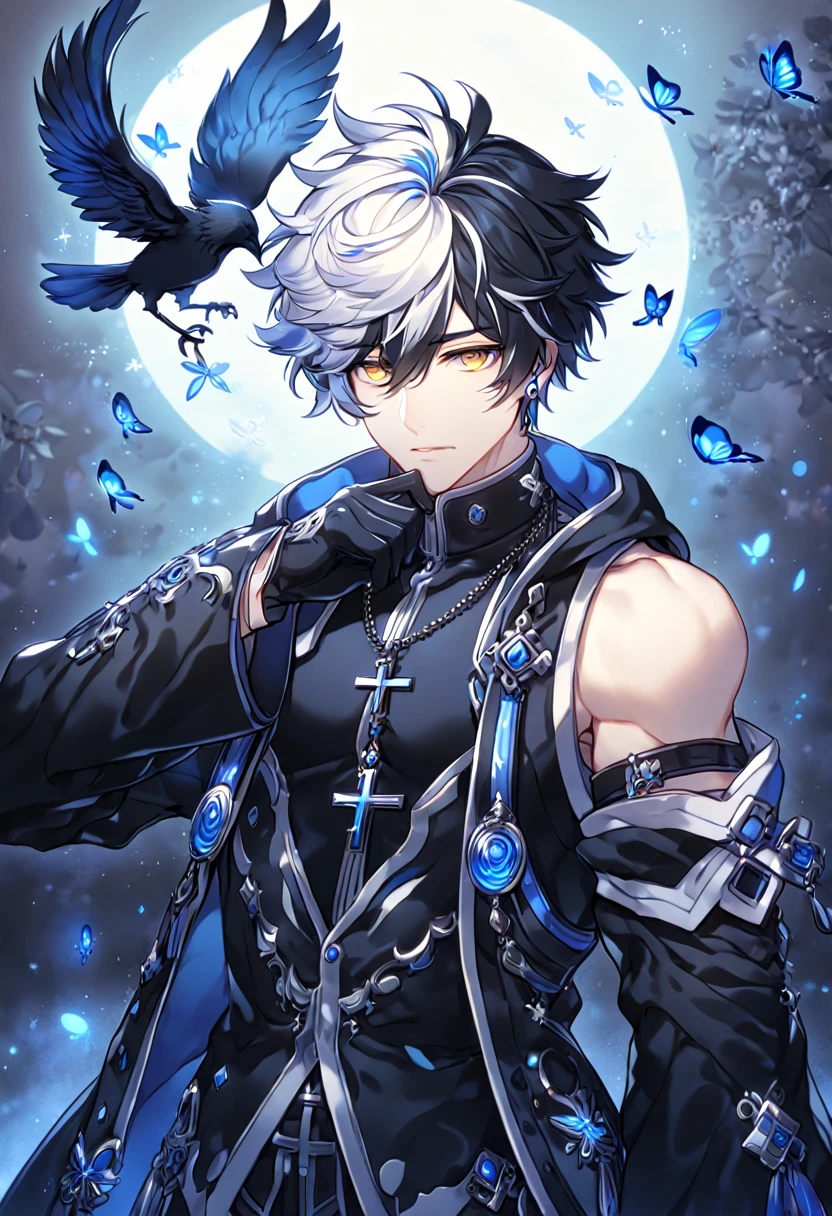 absurdres, highres, ultra detailed, HDR, master piece, best quality, extremely detailed, detailed face, detailed eyes, Raven, spiky hair, bicolor hair, right side black hair, left side white hair, expressive yellow eyes, Elsword, solo, sexy man, handsome, manly man, black coat, sleeveless, detached sleeves, cross necklace, black gloves, magical, fantasy, under a blue tree, blue flames, blue moon, blue fireflies, blue roses, blue butterflies, glass magic