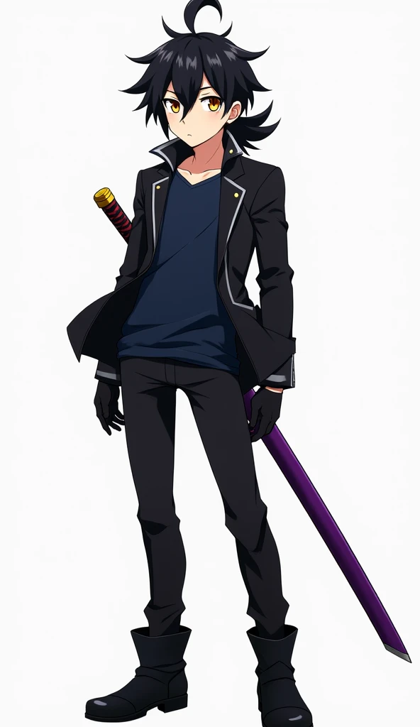 Create an anime style character, male gender with short and slightly spiky black hair with the fringe covering the face a little on the left side and with a giant ponytail, yellow eyes, eyes large, Men's black blouse jacket with dark blue shirt, black gloves, black pants with men's black boots, with a purple sheathed katana on his back.
