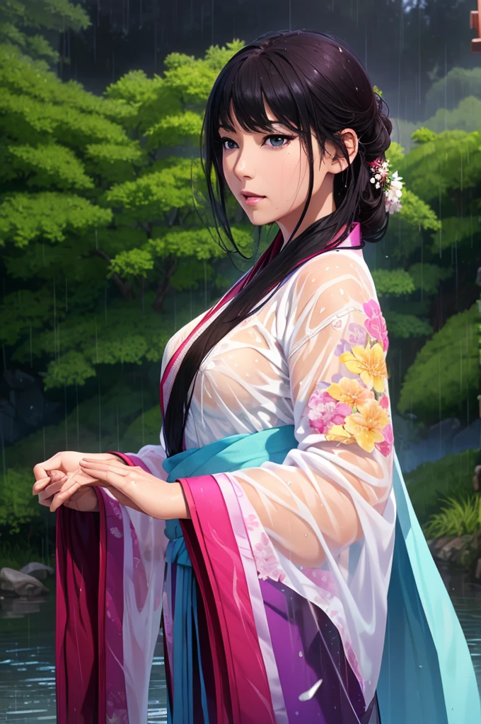 Heavy rain background、Field、in the forest、Walking in the river、On the run、In the fog、war (Highest quality,4K,8k,High resolution,masterpiece:1.2), Very detailed, (Realistic,Realistic,Realistic:1.37), High resolution, Hyper HD, Studio Lighting, Ultra-fine painting, Sharp focus, Physically Based Rendering, Very detailed説明, Professional, Vibrant colors, Bokeh, Sports Late Night, Ancient War Landscapes, Traditional Chinese Painting Techniques, Atmospheric lighting, Vivid color contrast, Ethereal atmosphere,Very detailed目と顔, Beautiful attention to detail, Light on the face,豪華なHanfu (Hanfu: 1.1),My whole body is wet、My clothes are wet and transparent、Nipples are visible、The nipples are pale pink、Rain clouds spreading across the sky、Heavy rain weather、Pouring rain、Wind and rain storm、((Soaked skin from head to toe))、((Rain-soaked clothes(Rain dripping from clothes))、((The lines of your body are clearly visible through your wet clothes...))、、Dark Eyes、black eye、Slim figure、Small breasts、Standing from the front