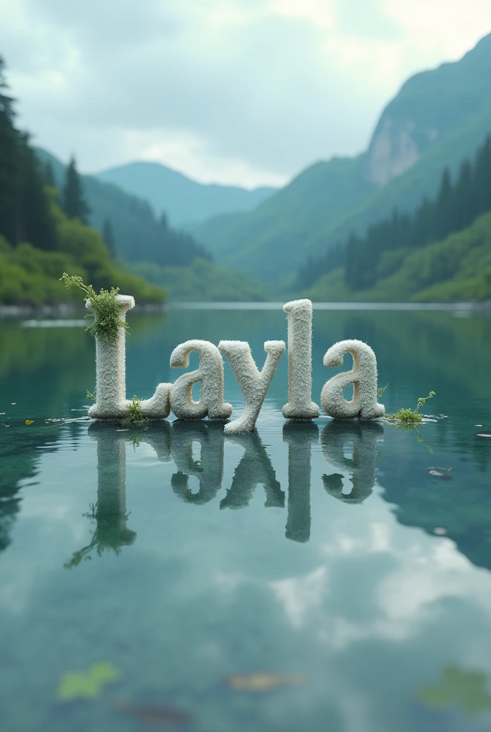 Create an image with the word something on a lake , In the lake I want there to be a reflection that says the word Layla