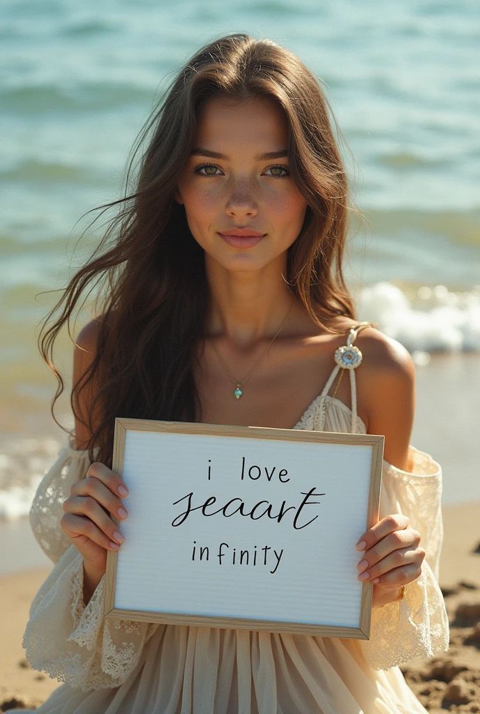 Beautiful girl with wavy long hair, bohemian dress, holding a white board with text "I Love Seaart Infinity" and showing it to the viewer