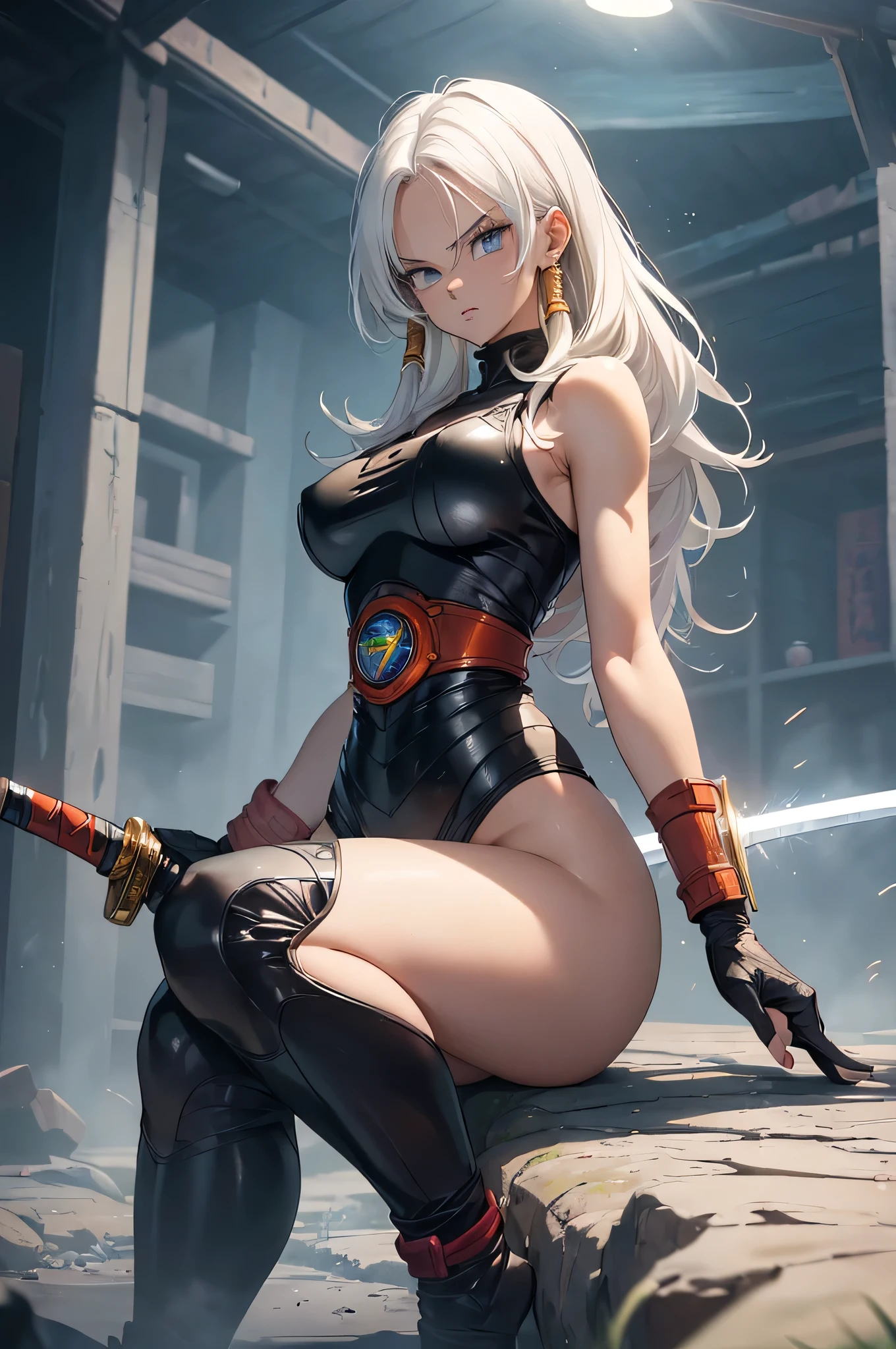 (Highest quality,4K,High resolution,masterpiece:1.2), (Ultra-detailed), (Slender beauty)(Age 27)(Holding a sword:1.3) (Dynamic Art), (looking at the camera) (Dragon Ball Z setting), (The whole body is visible)(Vision:1.8), (Realist,Photorealist,photo-Realist:1.37), (High resolution,High resolution), (Portraiture), (Vibrant colors), (Long legs), (A noticeably elongated face), (Wide range) (Beautiful Fine grain), (Beautifully detailed lips), (Highly detailed eyes and face), , Bright eyes Dynamic angles and postures, Soaked in sweat, Sweat, (Long eyelashes), (Sharp focus), (Physically Based Rendering), (8 heads,Beautiful female warrior), (Mature Woman) (Leg spread), (intense), (expression of intense desire), (Motion Blur), (elegant), (Slim figure), (Inspired by anime), (Bright light), (Cinema Lighting), (Contrasting colors), (Mysterious atmosphere), (Action-packed scenes), (Unique Look), (impressive), (), (Exciting), (Expressive), (Interesting atmosphere), (monster:1.4) ((Highest quality)),((Very detailed)),masterpiece,absurdes,Detailed face,Beautiful Face,(Fine grain, Deep Eyes),((Dynamic pose)), (((Long white hair,Adult beauty,Inspired by Akira Toriyama))),Iron Bikini Armor,grassland,Fighting with monsters Distant view Vision Wide shot Wide angle Long shot