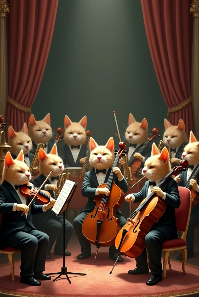 Draw an orchestra of cats playing musical instruments