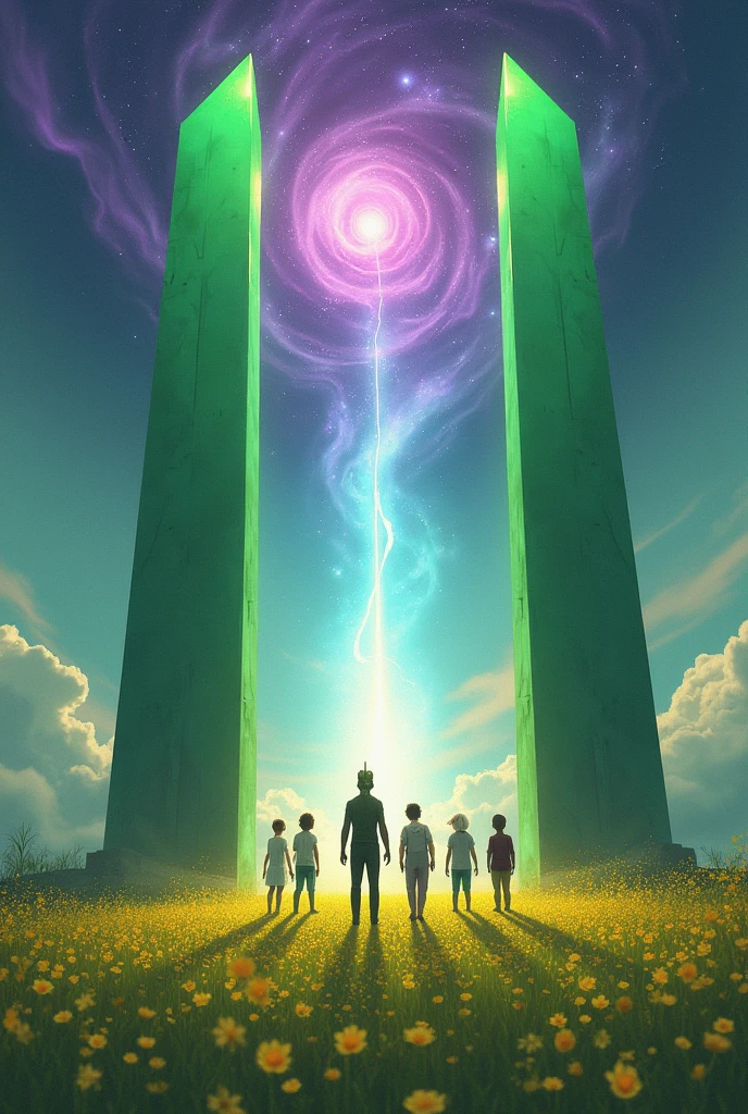 Two beautiful obelisks made of emerald placed in the middle of a field with yellow flowers. Between these obelisks a spiritual portal opens where children of all ethnicities emerge. They are greeted by a reptilian in formal attire and a white-haired Nordic in a simple helmet.. 
Sky with purple nebula