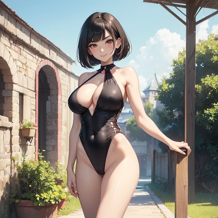 (Masterpiece), (High Resolution), (Best Quality), (Anatomically Correct), (High Details), (HD), (High Quality), (character solo, alone), (fantasy), (anime style)
{{(1character:50 years old lady milf:((black medium shoulder-length hair bob-cut),(pale skin),(brown eyes),(sharp nose),(black thick eyebrows),(very thin lips),(nice feminine body),(beautiful body),(beautiful hips,big breasts),(beautiful legs),(beautiful arms),(delicated featurs),(beauty and feminity),(sweet demeanor,(motherly personality)),((pink pink onepiece-pink-swimsuit, (cleavage)),(black heeled shoes)),((sweet expression and sweet smile),(cheerful pose)),((stadium backyard), (sunny day),(light-blue sky),(simple background),(yellow backyard's walls),(spring season),(very few people there)))}}