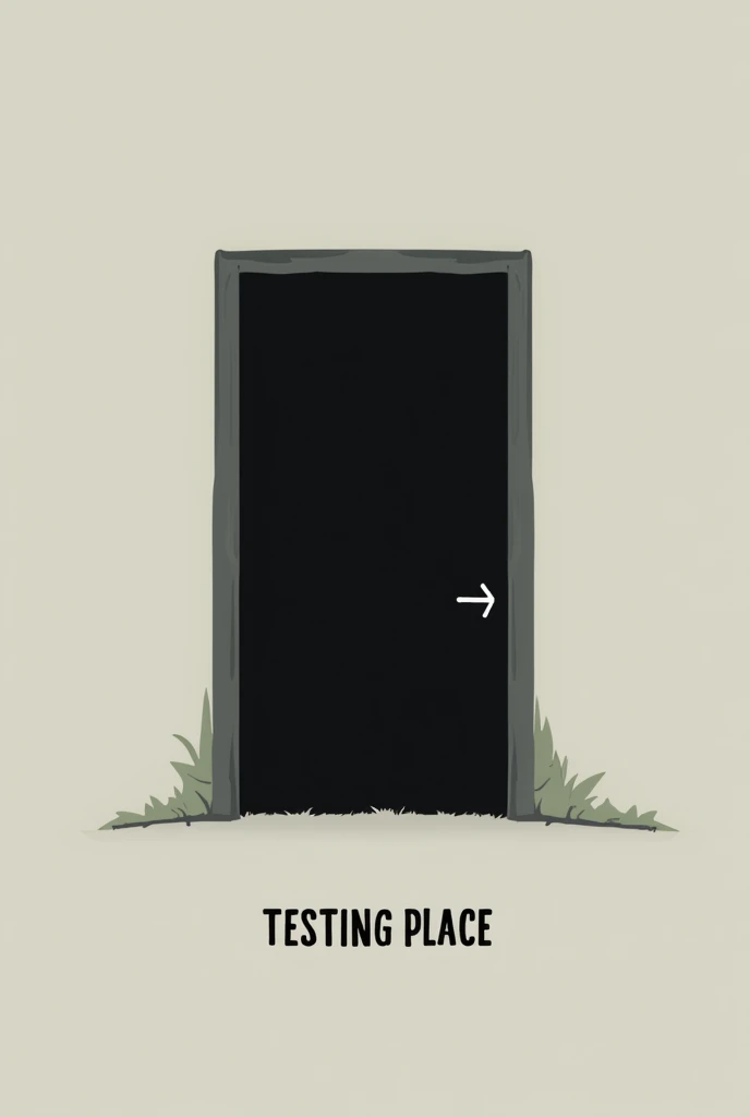 Make a minimalist icon for a game called testing place with the name centered in the middle of the image with a black minimalist door and I want horror touches.