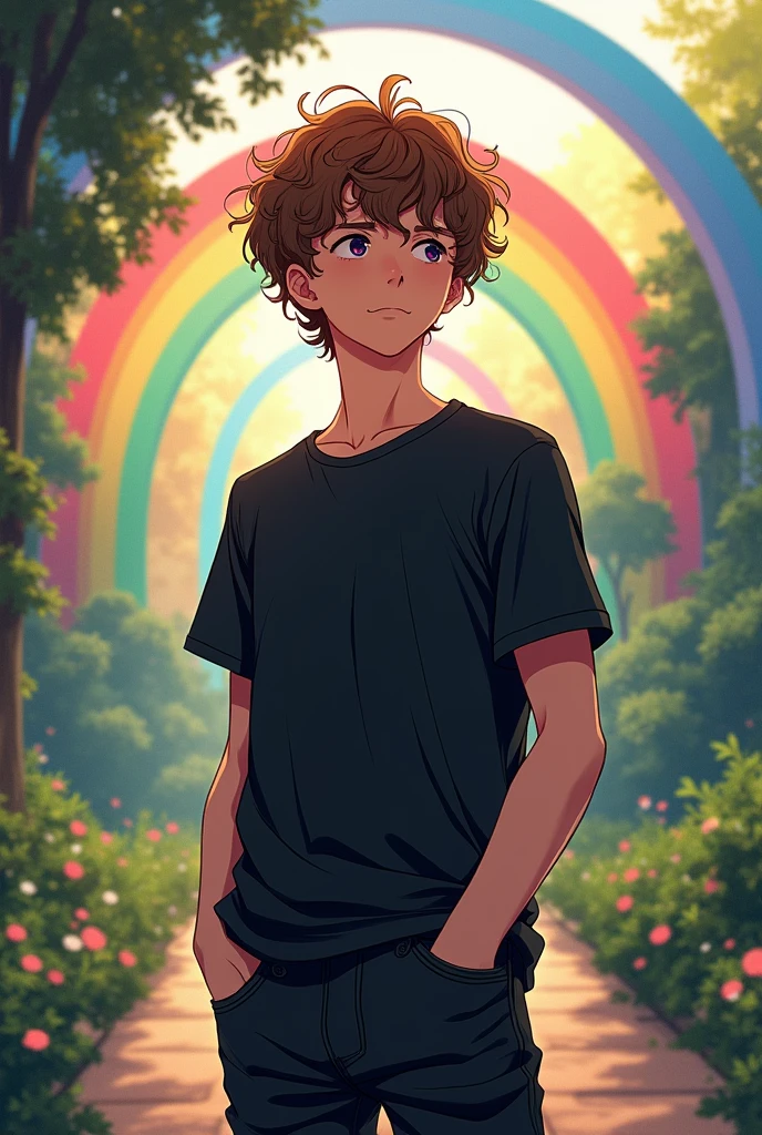 Anime boy, brown curly hair, black shirt, tay cầu vồng, black jeans