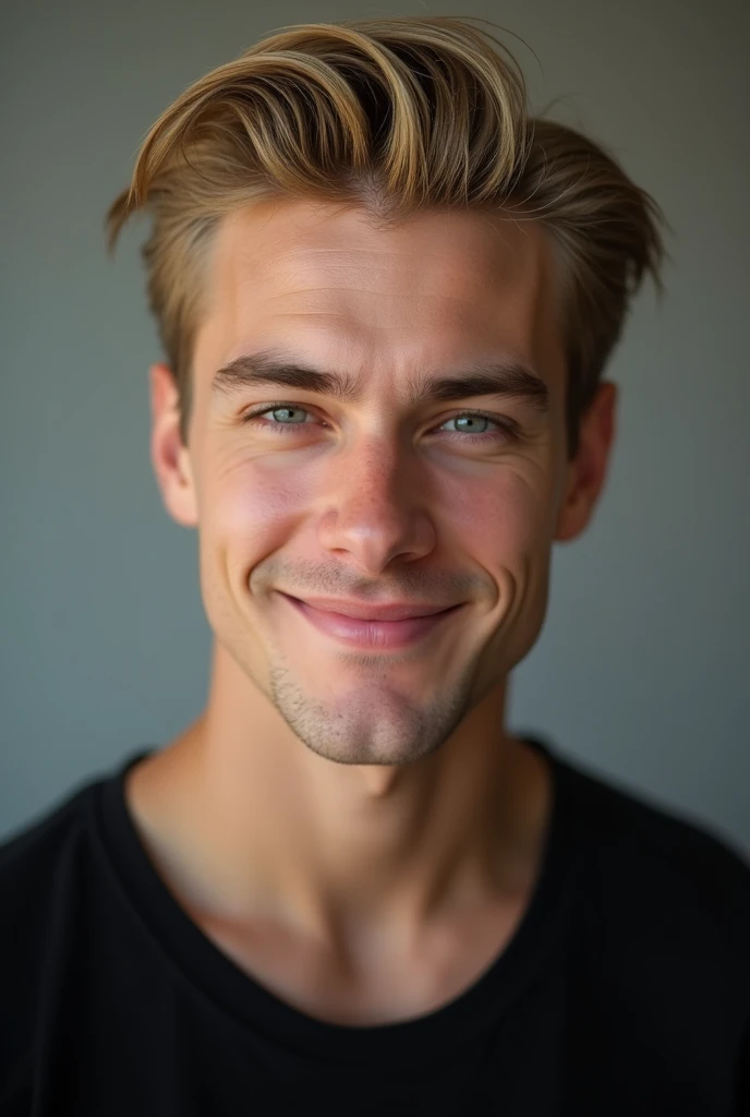 young blonde man, grey eyes hair combed back masculine and very attractive with black shirt no beard and mischievous smile.