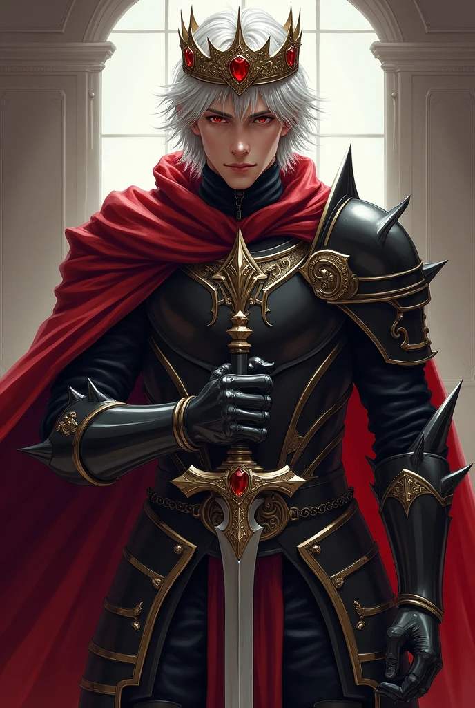 Young man in black armor, shoulder length silver hair, red eyes, a crown of rubies that reaches to his forehead and a sword, with a red cape