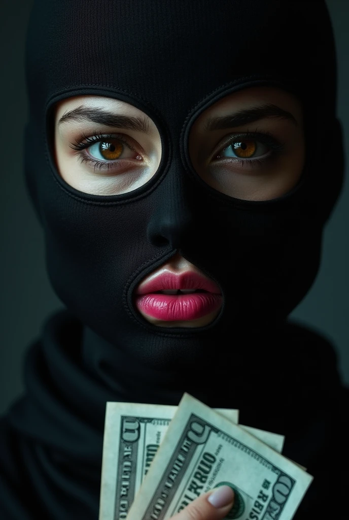 Woman with balaclava and very beautiful brown eyes, pink lips, with bills