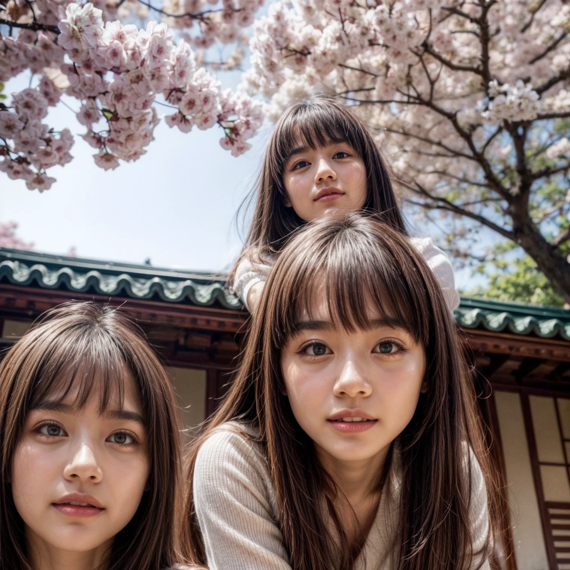 (Surrounding the camera、Panoramic group photo of female students looking down) . (Highest quality, High resolution, masterpiece, Realistic:1.2),(High resolution, Bright colors), Beautiful Face, Detailed facial features, take a picture, (close:1.3, View from below), Detailed Expression, Natural pose, Cherry blossom background with mist, Photon Mapping