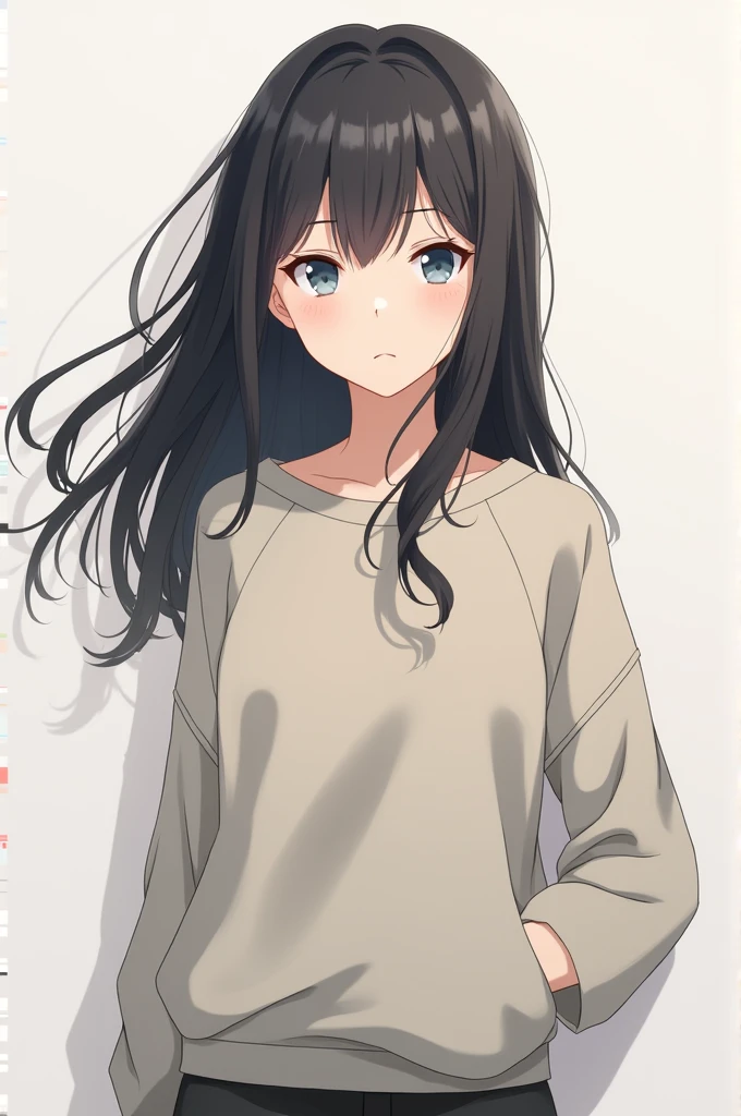 Create an anime version image,of a long haired character,with a serious expression and wearing a sweatshirt