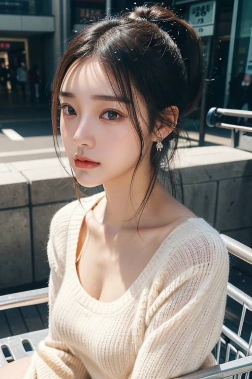 (2 pure Japanese girl,), (Small breasts:1.5,),(solo,,Textured skin, Detailed skin,Detailed face,Detailed eyes,detailed posing,Natural eyebrows,Sparkling Eyes,High detail, Highest quality, Super detailed, Surrealism, ,8k,RAW Photos,Photographicism,Professional Lighting,Ray Tracing,Portrait Photography,Soft Light),((「Black Hair, Natural Makeup,Simple earrings, Low Ponytail, Bell sleeve sweater))),(((A packed shopping cart,Shopping Centre)))