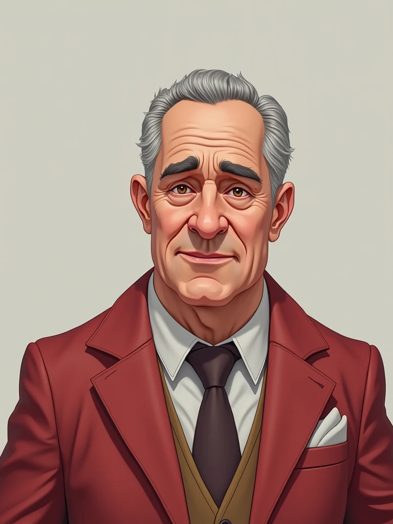 Create an ultra-realistic character, of a 6 man, brown eyes, short gray hair, with a normal mouth, a large and airy nose, thick shadows, wearing dress clothes