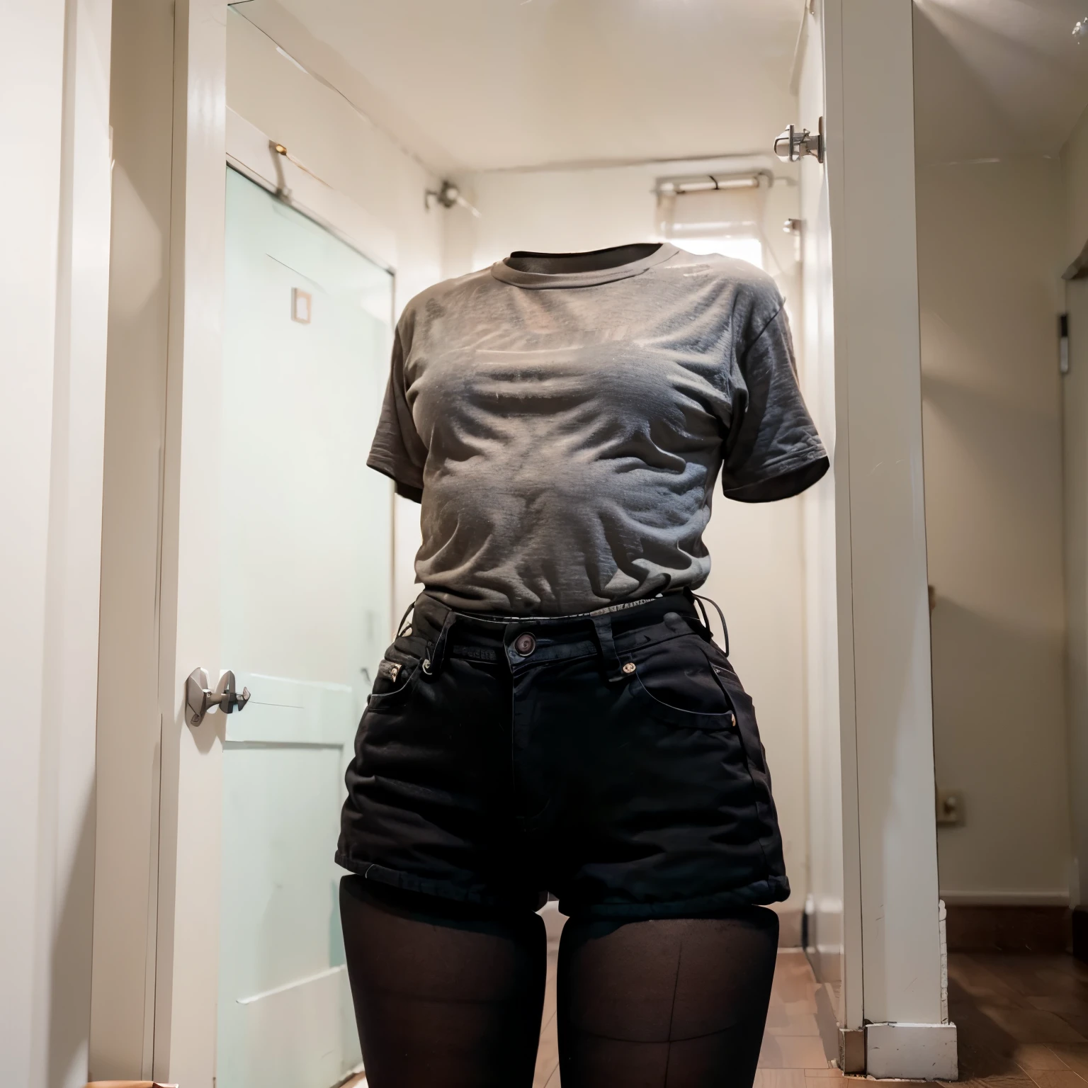 (invisible:1.5, no humans:1.5, headless:1.5, faceless:1.5), (close-up to hip), shirt, (black pantyhose:1.3), short pants, denim,(hip and hot pants style), leaning forward, (8k, RAW photo, best quality, masterpiece:1.2), (realistic, photo-realistic:1.37), photon mapping, radiosity, ((Hasselblad photography)), physically-based rendering