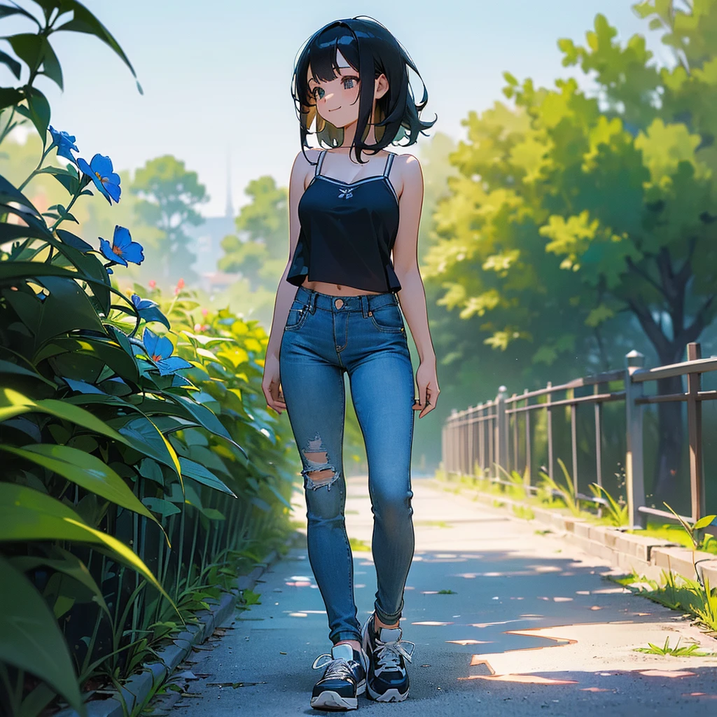 (high quality, High resolution, Very detailed, reality:1.37), Peaceful atmosphere, (Outdoor, garden),  girl standing alone, (my breasts are big.), Beautiful details, Cute Smile, (Black bob hair), camisole, Denim pants, Blue socks, sneakers.