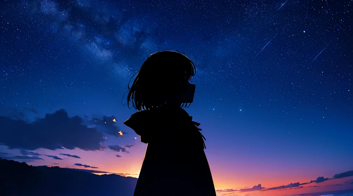 anime、(masterpiece:1.2),(Amazingly absurd:1.2),High resolution,Very detailed,Breathtaking creations,Starry sky themed artwork、White sand beach、Woman Looking at the Stars、Black silhouette、((Traveler from Another World、Cape))、Gazing at the sky、Beautiful Effects、Light Generation、shooting star