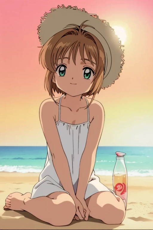 High resolution backgrounds,Beautiful background,anime, cute,Beach Sunset,The big sun setting on the horizon, ,White camisole dress,Chestnut Hair,Short Bob Hair,barefoot,Green Eyes,White straw hat,Lens flare,Sitting flat on the sand,smile