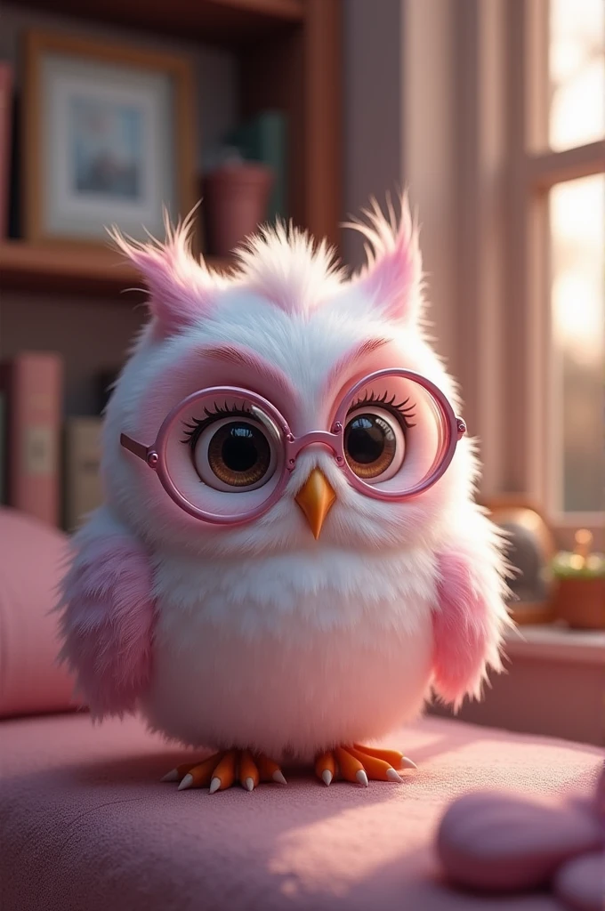 owlship, sweetie, glasses , ssmile, pink and lilac details, books and pictures