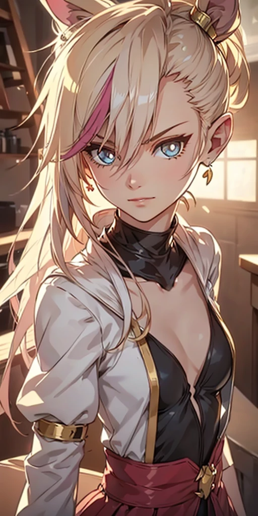 Beautiful girl, (Platinum hair), ((very long curly hair)), face perfect, innocent smirk, trunk,(cerulean eyes), (yan), (mic), (slim), ((flat-chested)), ((2)), skin denture, extreme detail, charming oval face, Red lips, Pink, shining skin, detailed hair, Facial Focus, Close-up chest, gold decorative necklace, gold earrings, ((1 girl)), Embarrassed expression, elf ears