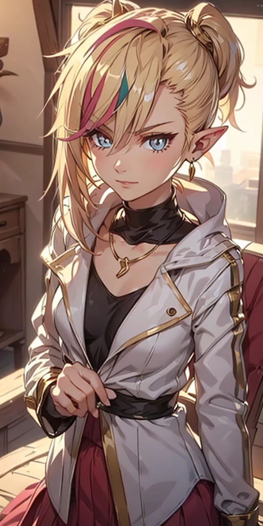 Beautiful girl, (Platinum hair), ((very long curly hair)), face perfect, innocent smirk, trunk,(cerulean eyes), (yan), (mic), (slim), ((flat-chested)), ((2)), skin denture, extreme detail, charming oval face, Red lips, Pink, shining skin, detailed hair, Facial Focus, Close-up chest, gold decorative necklace, gold earrings, ((1 girl)), Embarrassed expression, elf ears