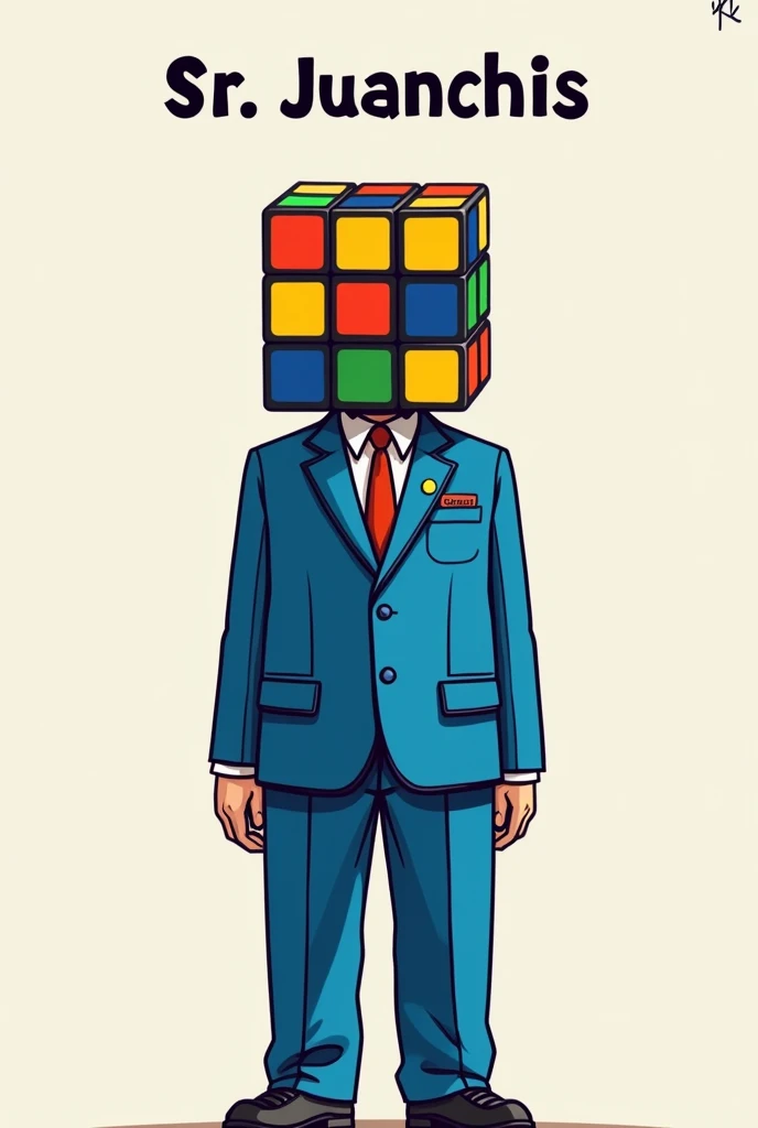 Crea un personaje con cabeza de cubo Rubik sin rasgos faciales above debe decir" SR JUANCHIS" He wears a blue suit, It&#39;s a jacket and pants, 
what say "SR JUANCHIS" above 