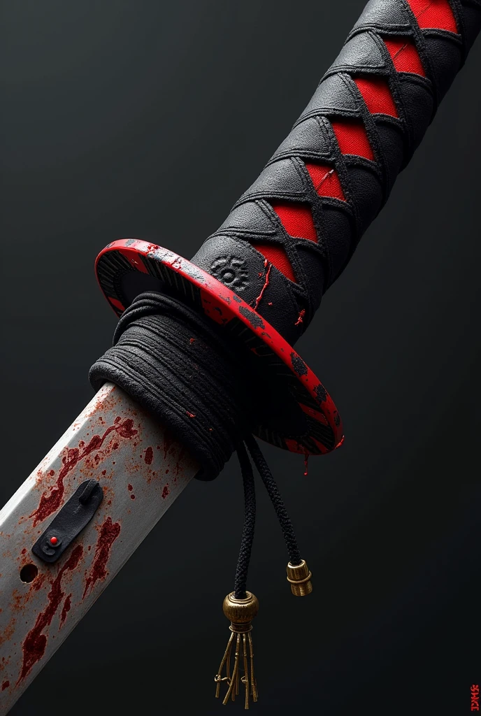 A katana with a black handle and blood red details, very simple with some wires and some trinkets on the handle, with what looks like blood spatter on the grip, its handle is all worked in wine red and black, a great mix to look like blood and shades of red