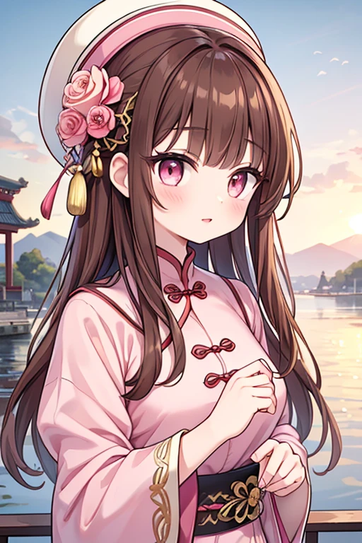 masterpiece, Highest quality, Waterfront, banquet, 1 female, Mature Woman, elegant, Chinese style, ancient China, younger sister, Royal younger sister, Happy, Meatball Head, Light brown hair, Pink Eyes, Gorgeous hat, Pale pink lips, Pink clothes, thread-like clothes, intellectual, Full Bang, Flat bangs, Flower Ball, Delicate face,Updo