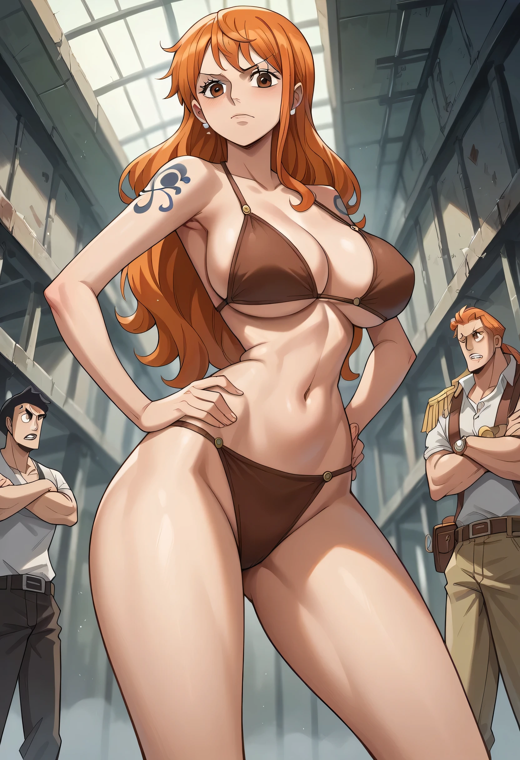 Masterpiece, best quality, Masterpiece, best quality, 1 woman, Nami , long orange hair , sly face , brown bikini , big breasts , abdomen , thighs, Put your hands on your hips.. , 1 guy , molest , abandoned factory